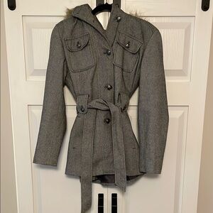 Herringbone Belted Coat with Fur Trim